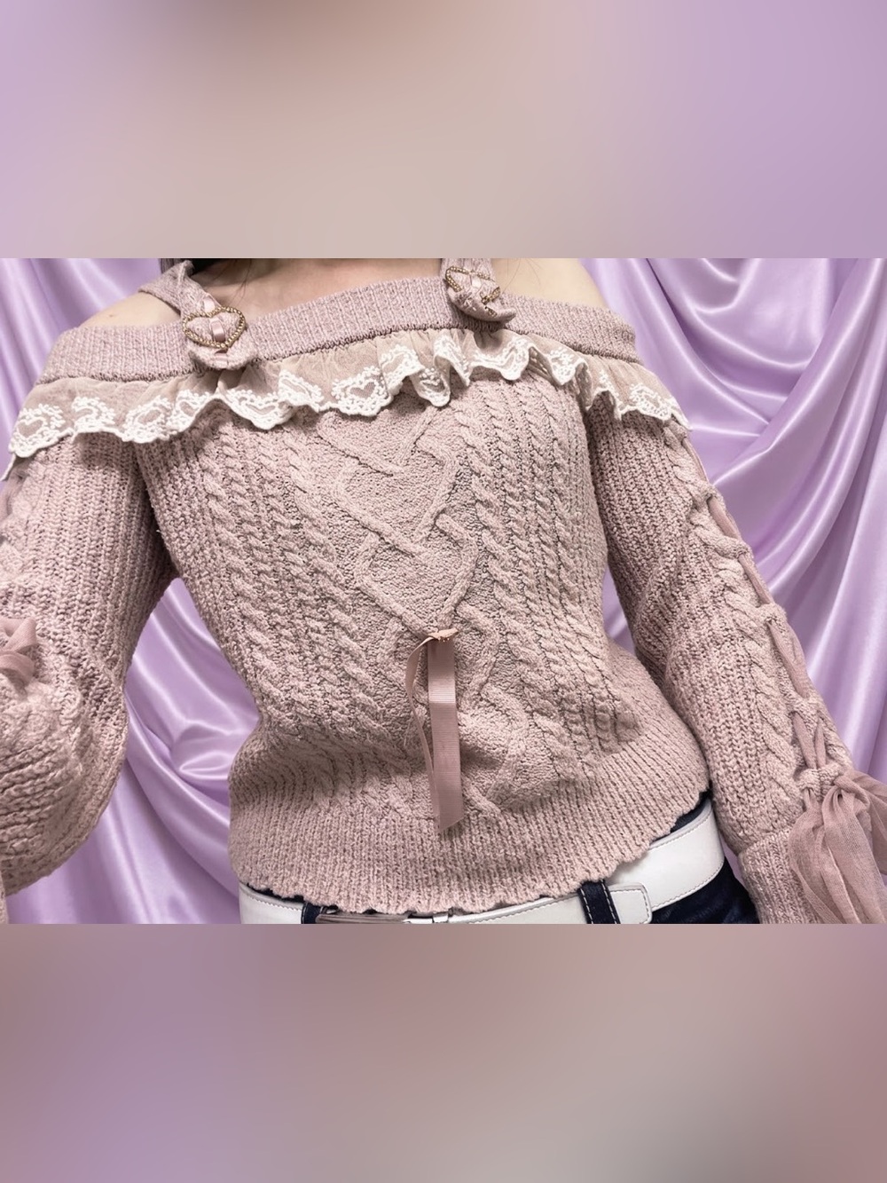 Fairy Grunge coquette knit with rhinestone crochet heart lace trim details